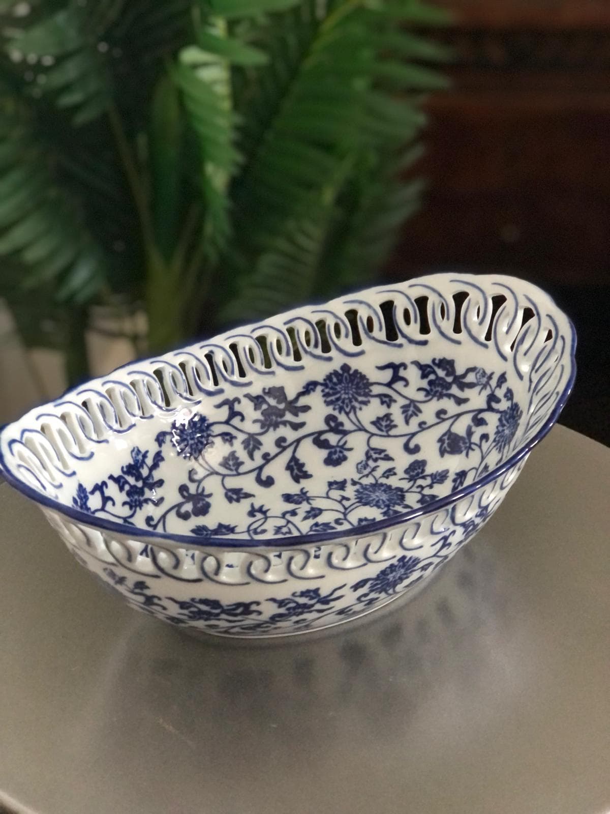 Mavi Beyaz Desenli Oval Dekoratif Kase 30x20x11cm