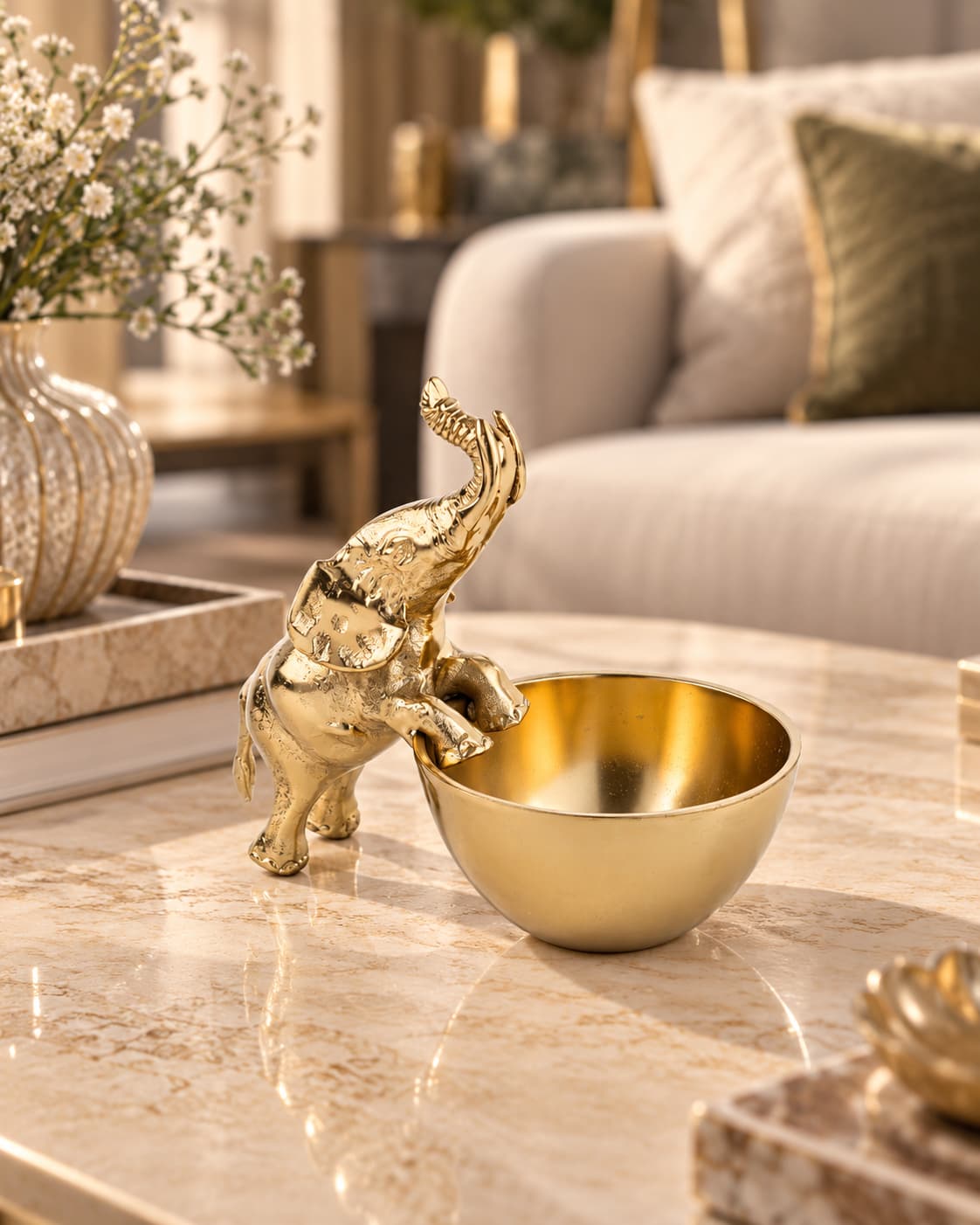 Salon sehpasında antik gold fil detaylı kase