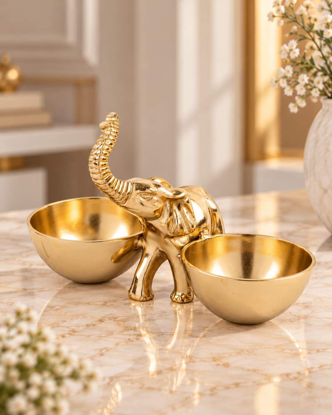 Masa düzeninde iki hazneli antik gold fil çerezlik