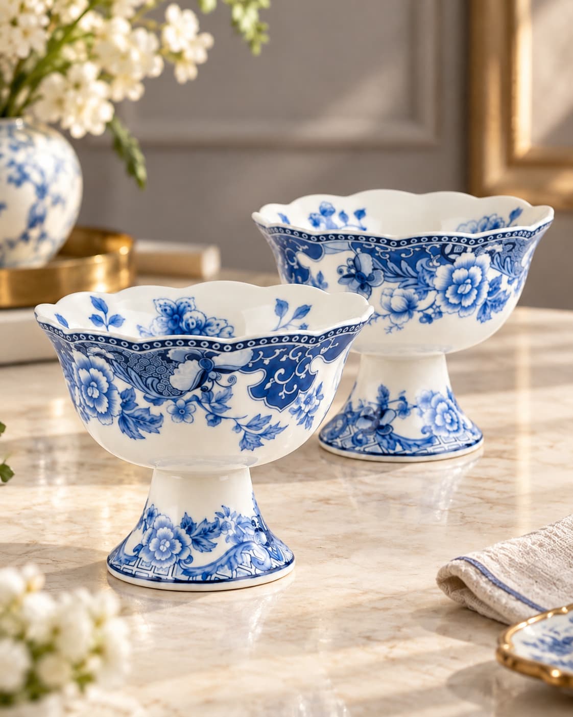 Sofrada mavi desenli iki ayaklı Blue Garden porselen dondurmalık