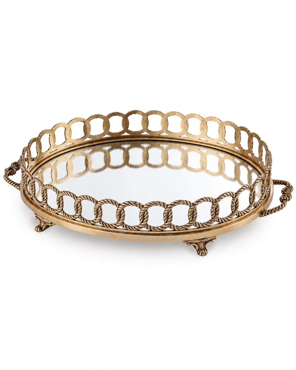 Gold Eskitme Oval Aynalı Ayaklı Pirinç Jardenyer 50x36x10cm