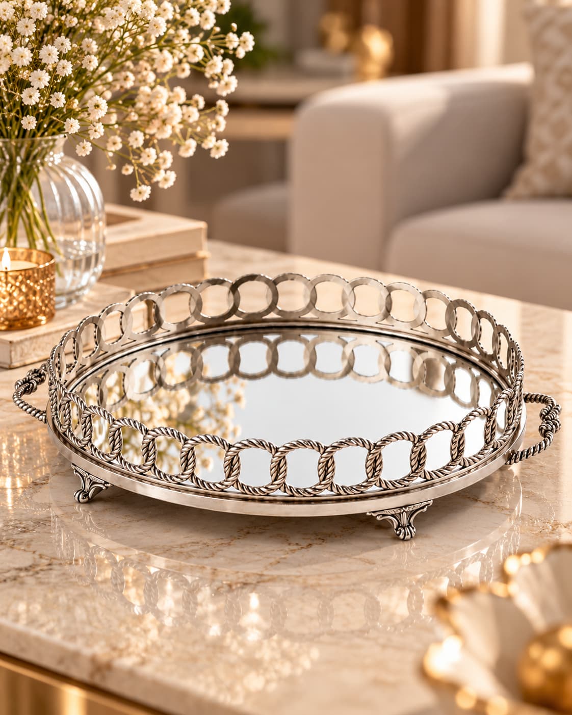 Mermer yüzeyde gümüş renk oval aynalı pirinç jardenyer