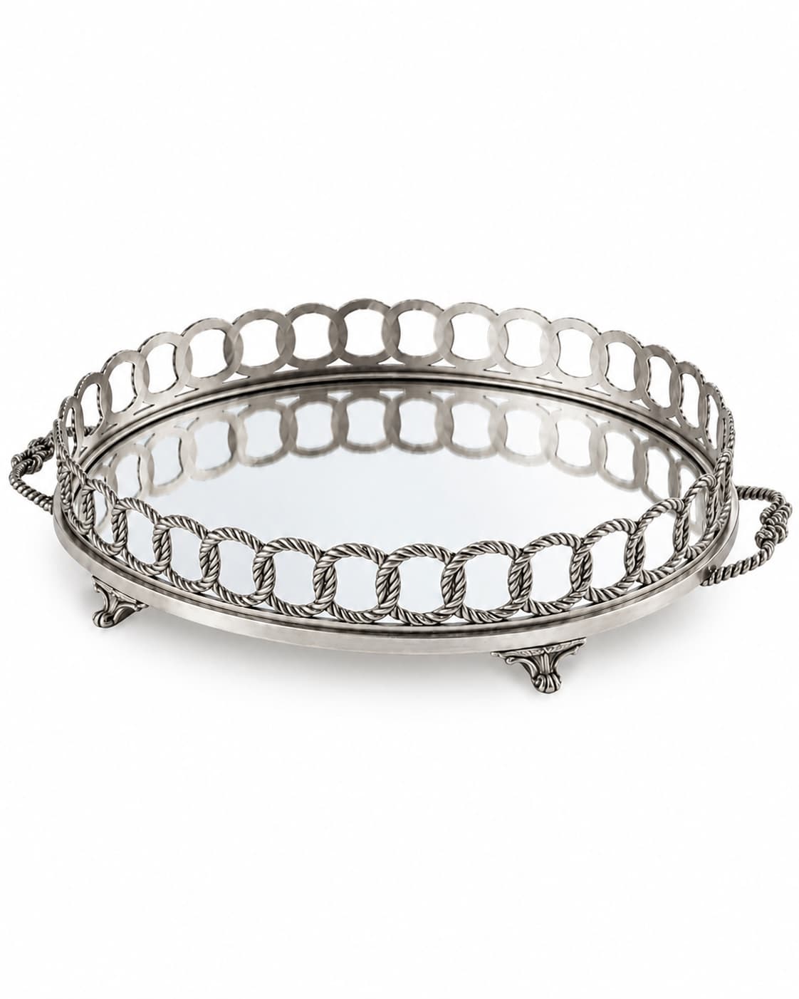 Gümüş Renk Oval Aynalı Ayaklı Pirinç Jardenyer 50x36x10cm