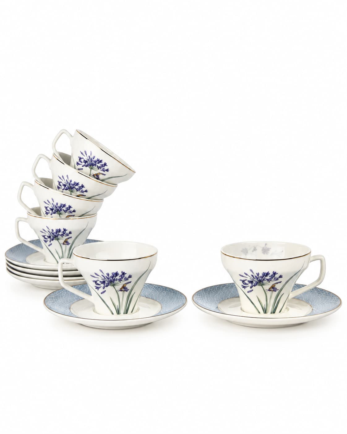 Lavender Flutter altılı porselen fincan ve tabakların ince bitki motifleri