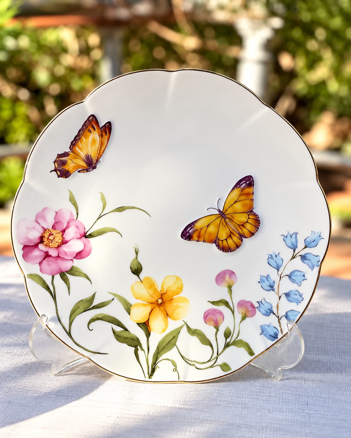 Beyaz zeminde kelebek ve çiçek motifli Mariposa pasta tabağı