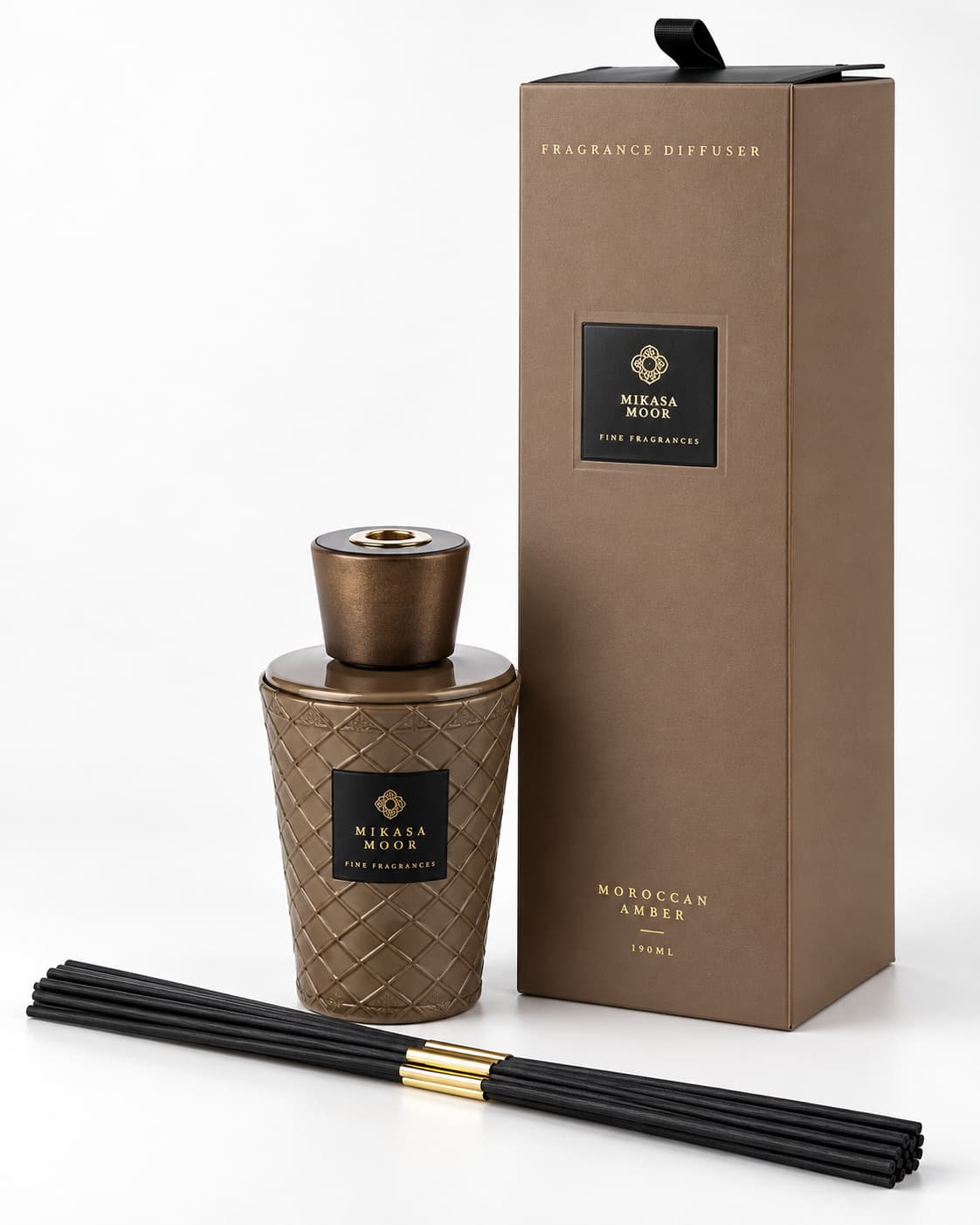 Morrocan Amber 150 ml kahverengi şişesi, kutusu ve koku çubukları