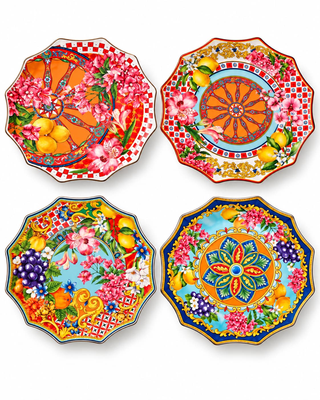 Limon çiçek ve dama desenli dört 25 cm Solaire servis tabağı